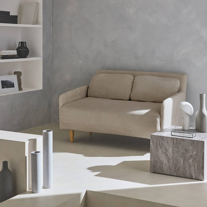 Divano letto a 2 posti in velluto a coste con gambe in legno, beige