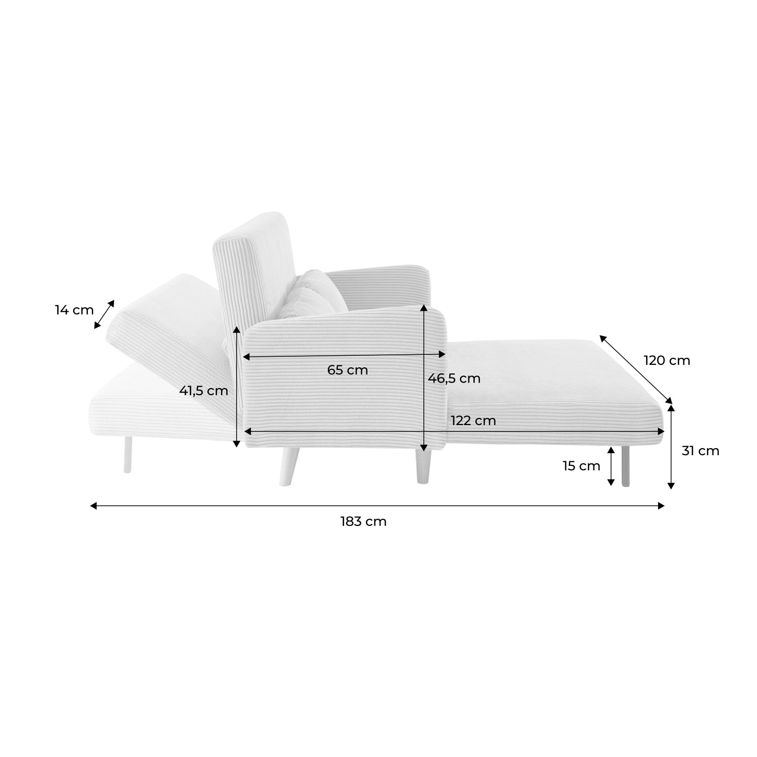 Divano letto a 2 posti in velluto a coste con gambe in legno, beige