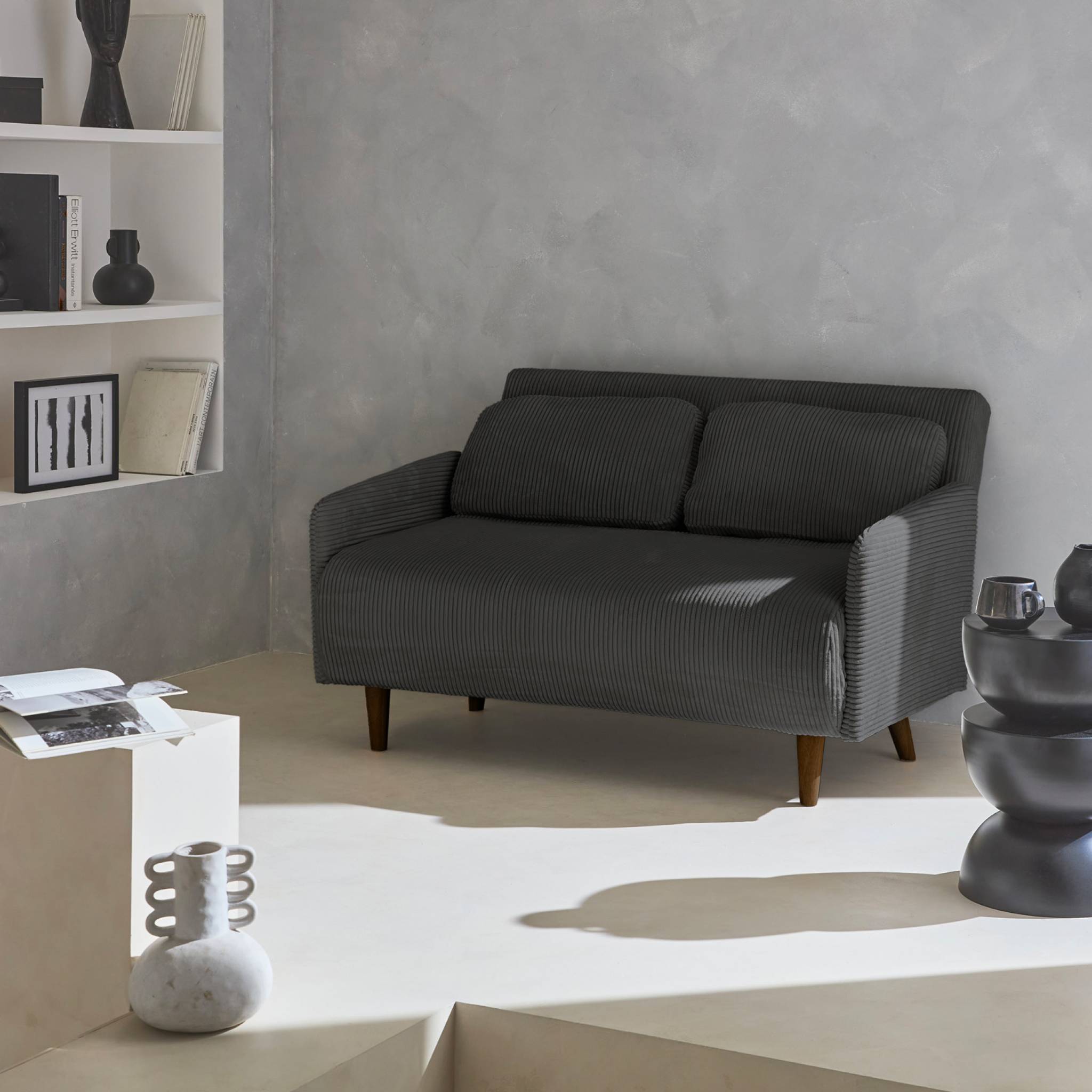 Divano letto a 2 posti in velluto a coste con gambe in legno, grigio