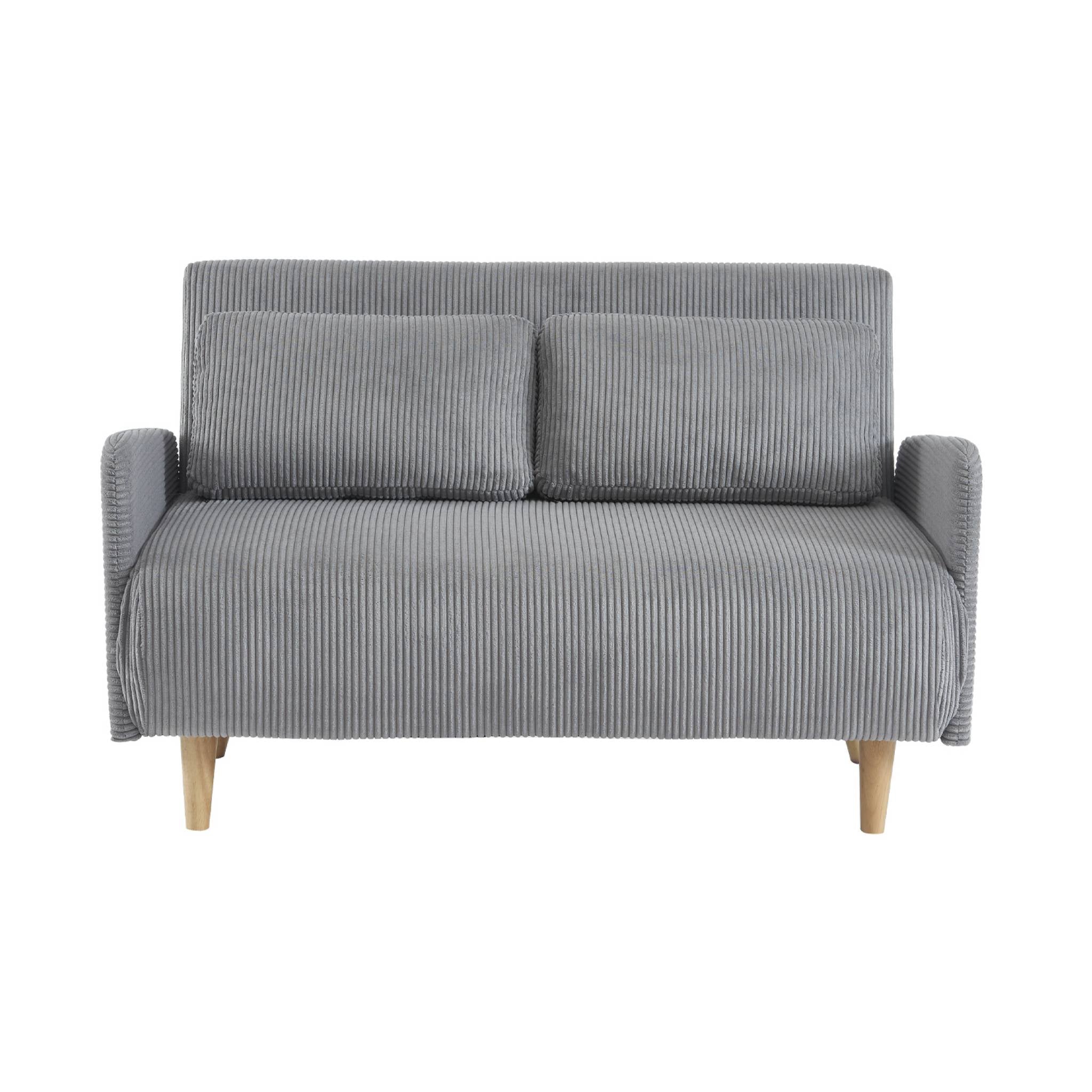 Divano letto a 2 posti in velluto a coste con gambe in legno, grigio