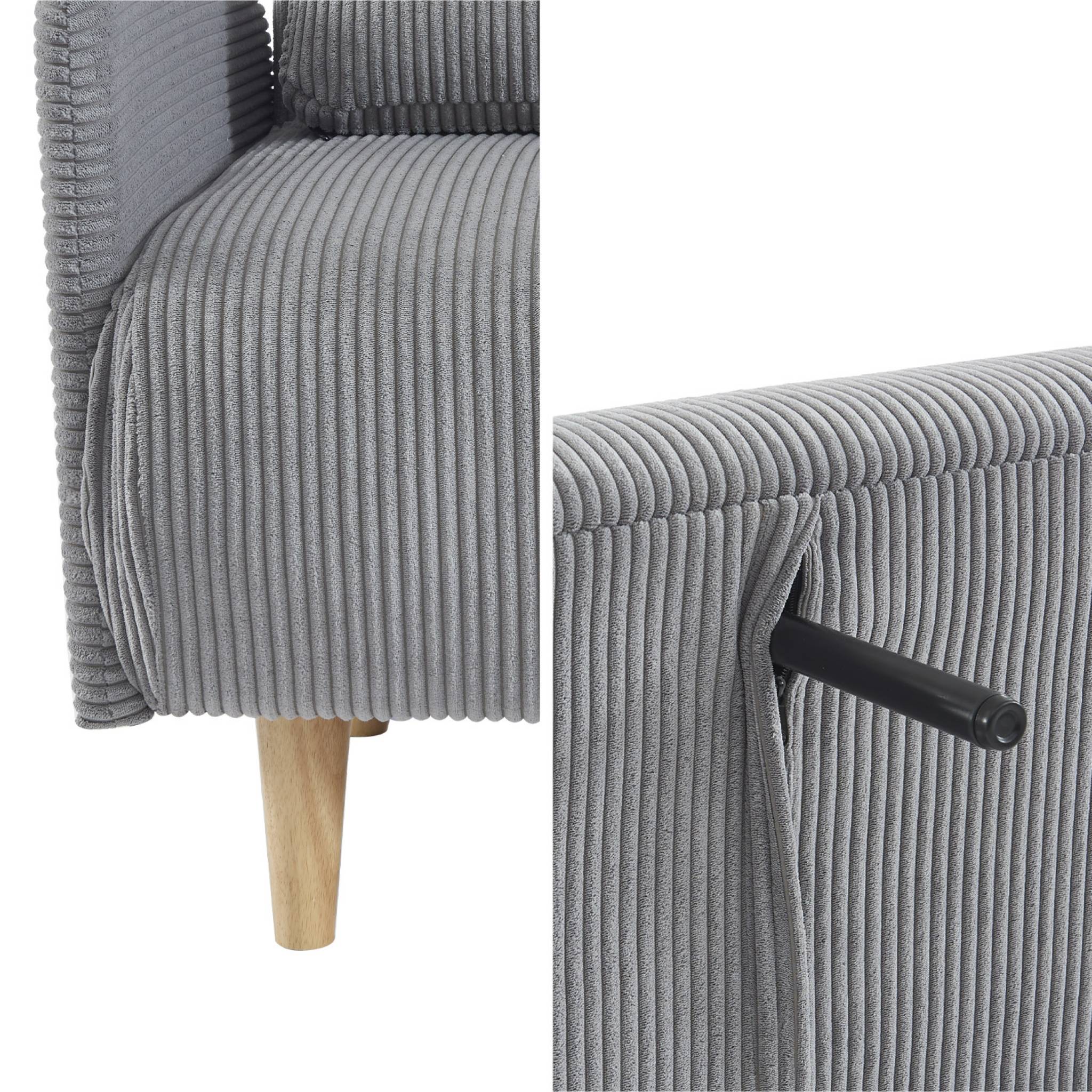 Divano letto a 2 posti in velluto a coste con gambe in legno, grigio