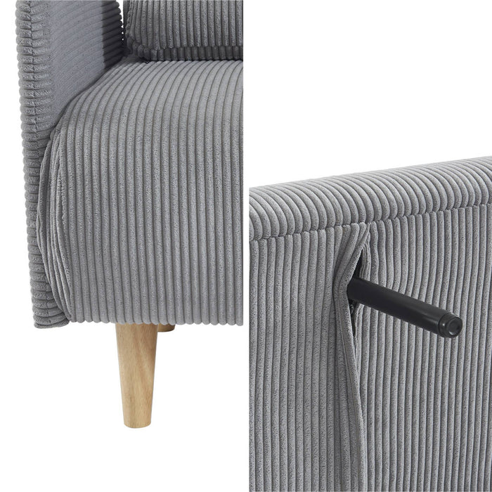 Divano letto a 2 posti in velluto a coste con gambe in legno, grigio
