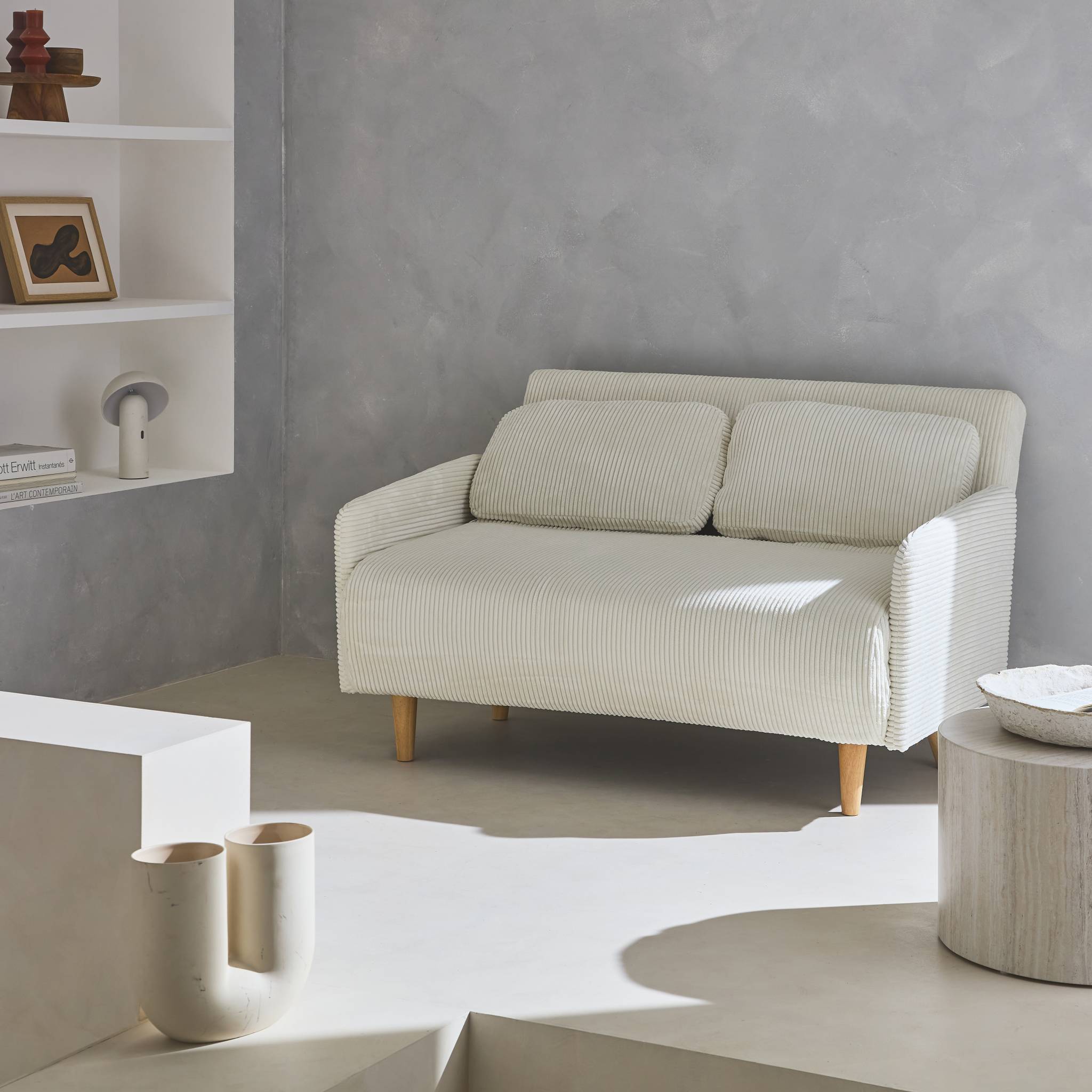 Divano letto a 2 posti in velluto a coste con gambe in legno, bianco