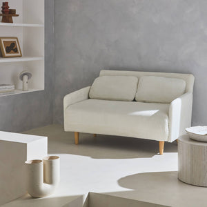 Divano letto a 2 posti in velluto a coste con gambe in legno, bianco
