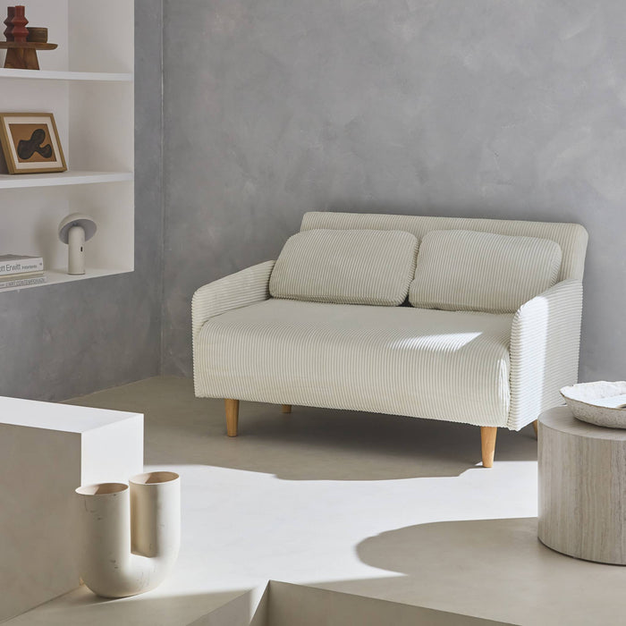 Divano letto a 2 posti in velluto a coste con gambe in legno, bianco