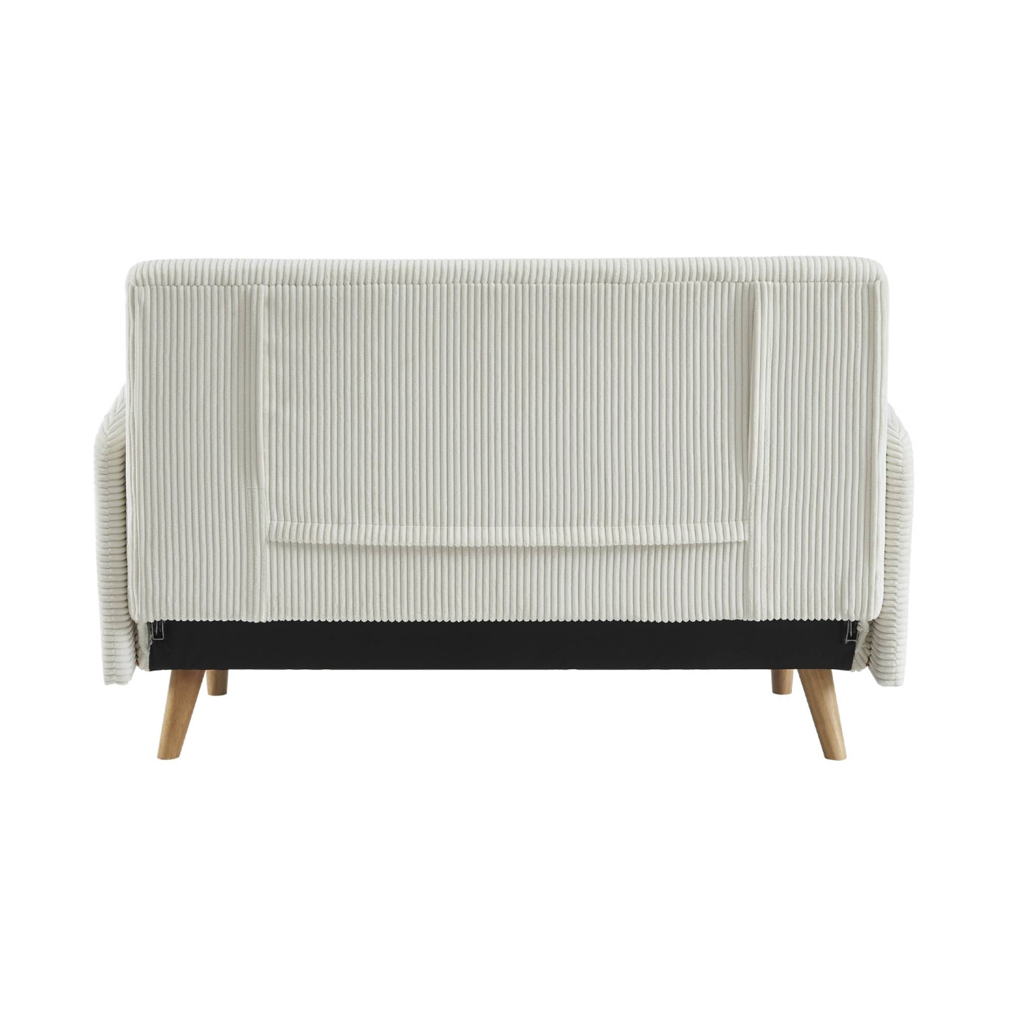 Divano letto a 2 posti in velluto a coste con gambe in legno, bianco