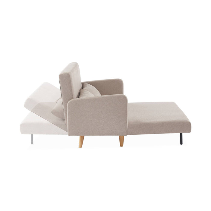 Divanetto letto clic clac 2 posti in tessuto, gambe in legno, beige
