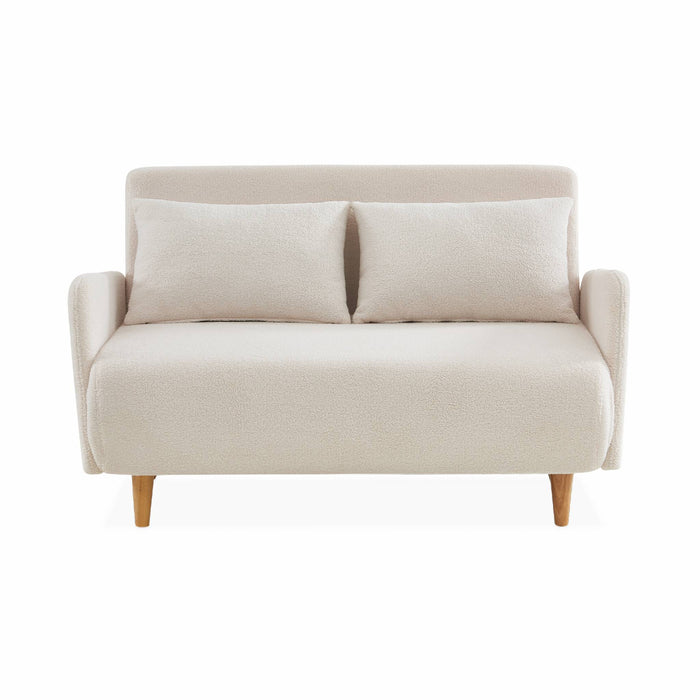 Divanetto letto in tessuto bouclé, gambe in legno, 2 posti, bouclé