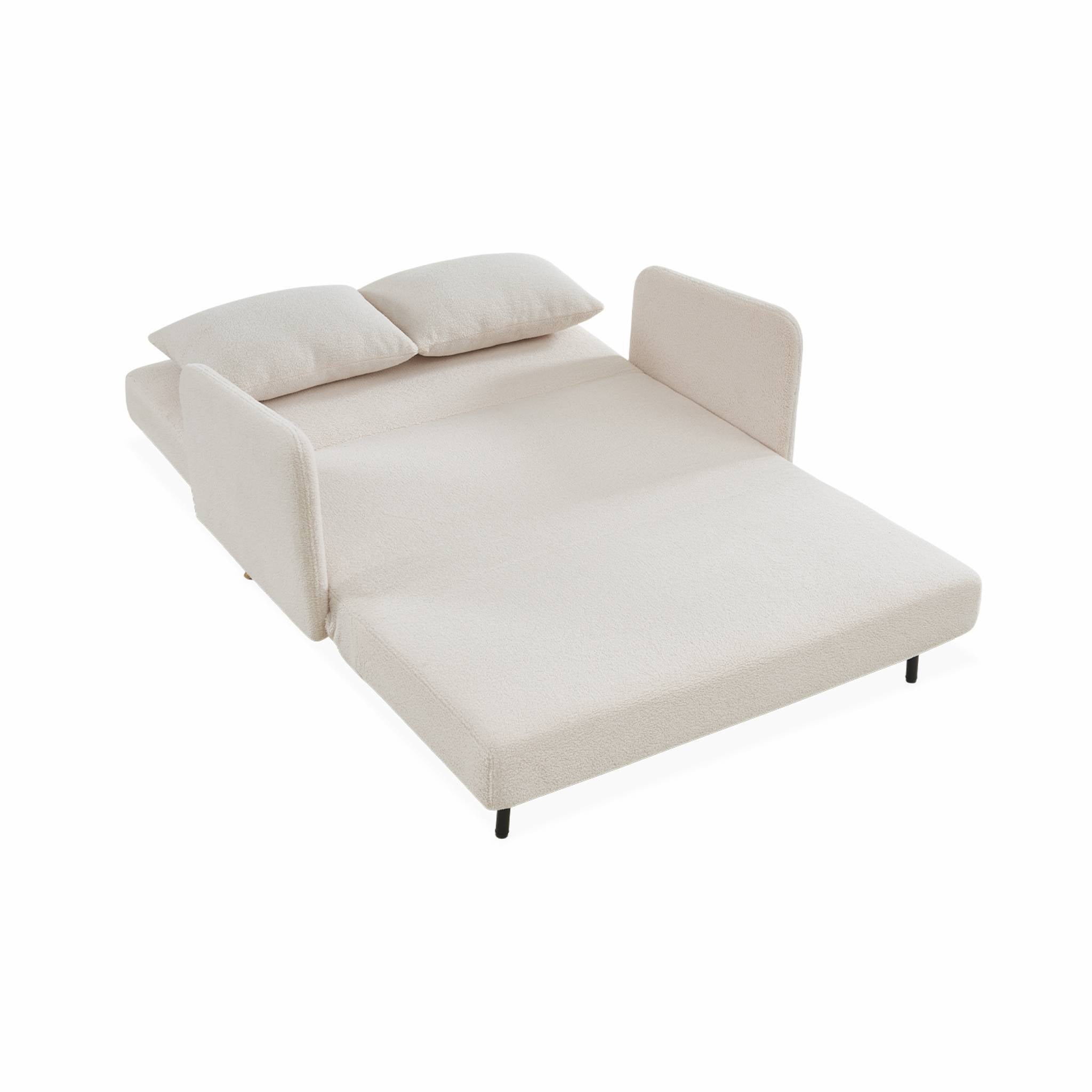 Divanetto letto in tessuto bouclé, gambe in legno, 2 posti, bouclé