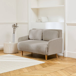 Divano letto a 2 posti in velluto a coste con gambe in legno, beige