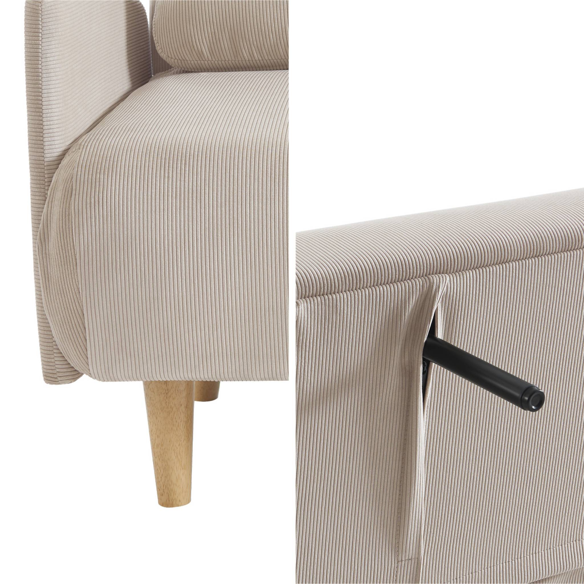 Divano letto a 2 posti in velluto a coste con gambe in legno, beige