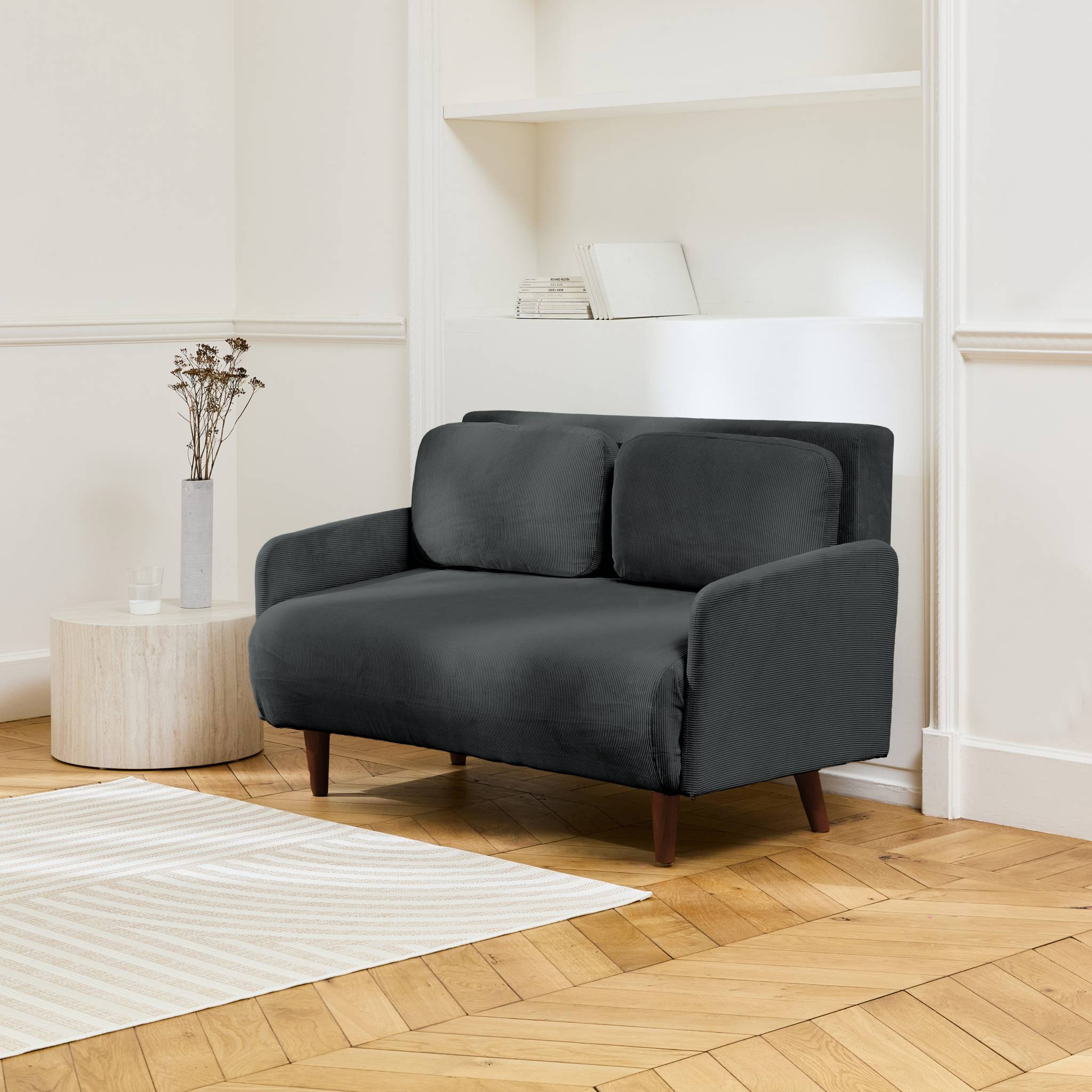 Divano letto a 2 posti in velluto a coste con gambe in legno, grigio