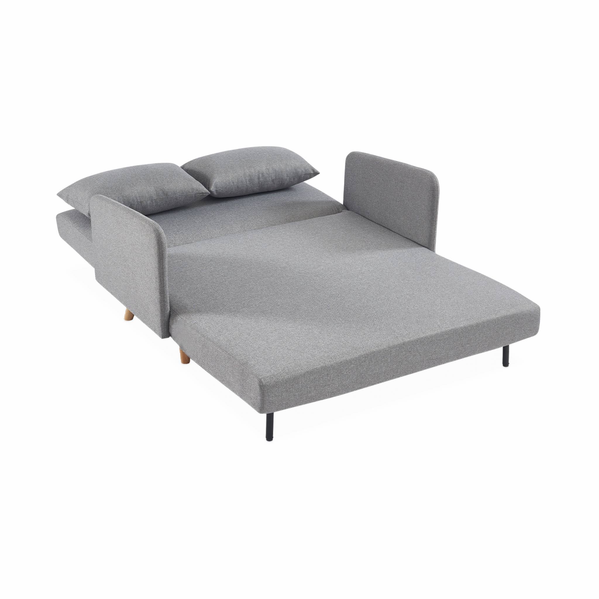 Divanetto letto clic clac 2 posti in tessuto, gambe in legno, grigio