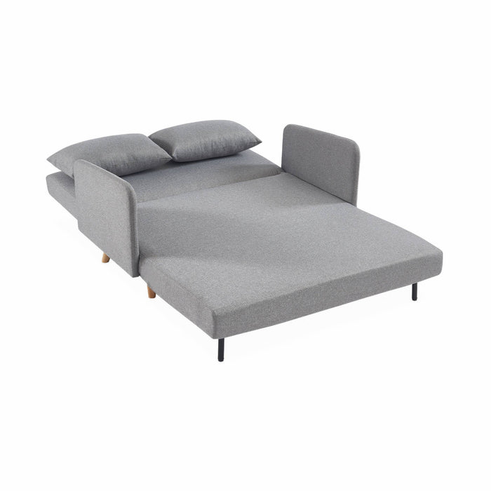 Divanetto letto clic clac 2 posti in tessuto, gambe in legno, grigio