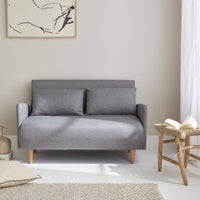 Divanetto letto clic clac 2 posti in tessuto, gambe in legno, grigio