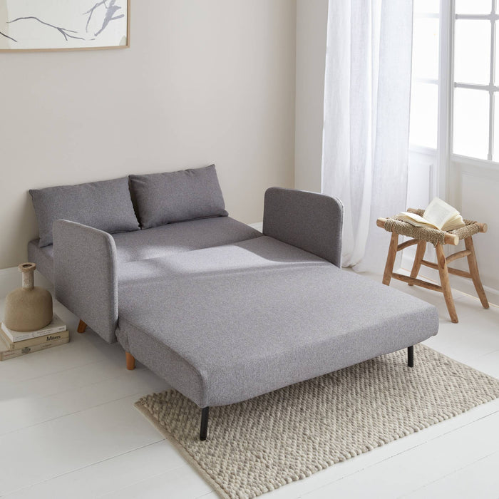 Divanetto letto clic clac 2 posti in tessuto, gambe in legno, grigio