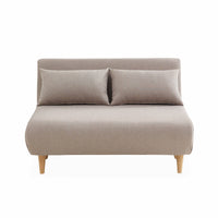 Divano letto a 2 posti in tessuto, gambe in legno, beige