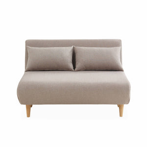 Divano letto a 2 posti in tessuto, gambe in legno, beige