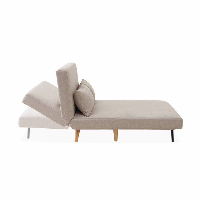 Divano letto a 2 posti in tessuto, gambe in legno, beige