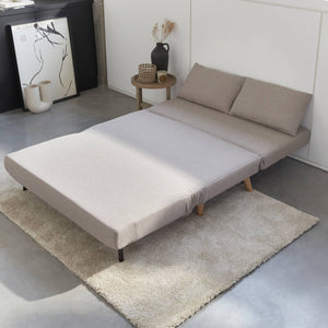 Divano letto a 2 posti in tessuto, gambe in legno, beige