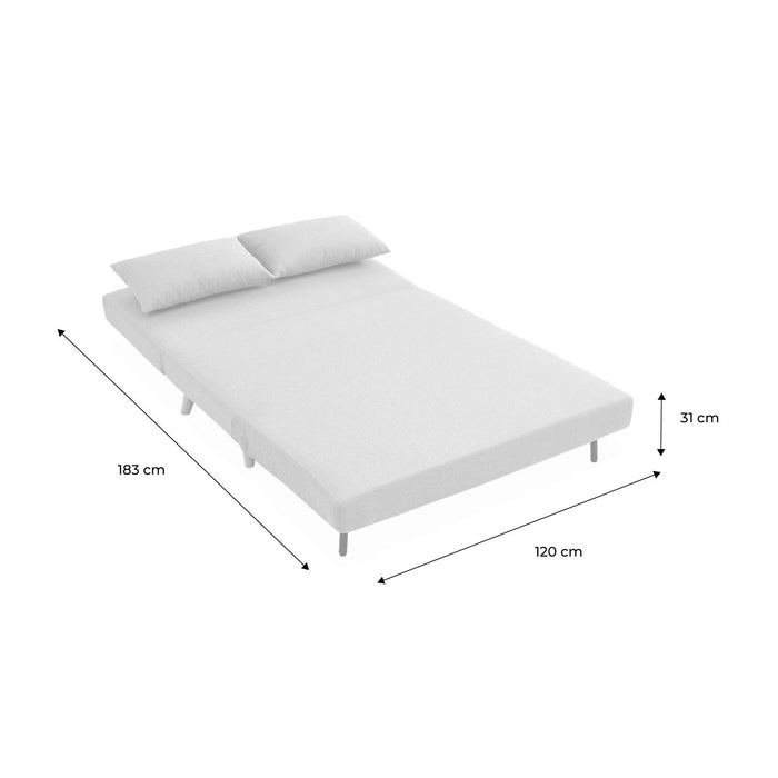 Divano letto a 2 posti in tessuto, gambe in legno, beige