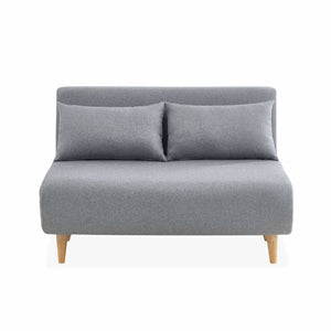 Divano letto a 2 posti in tessuto, gambe in legno, grigio chiaro