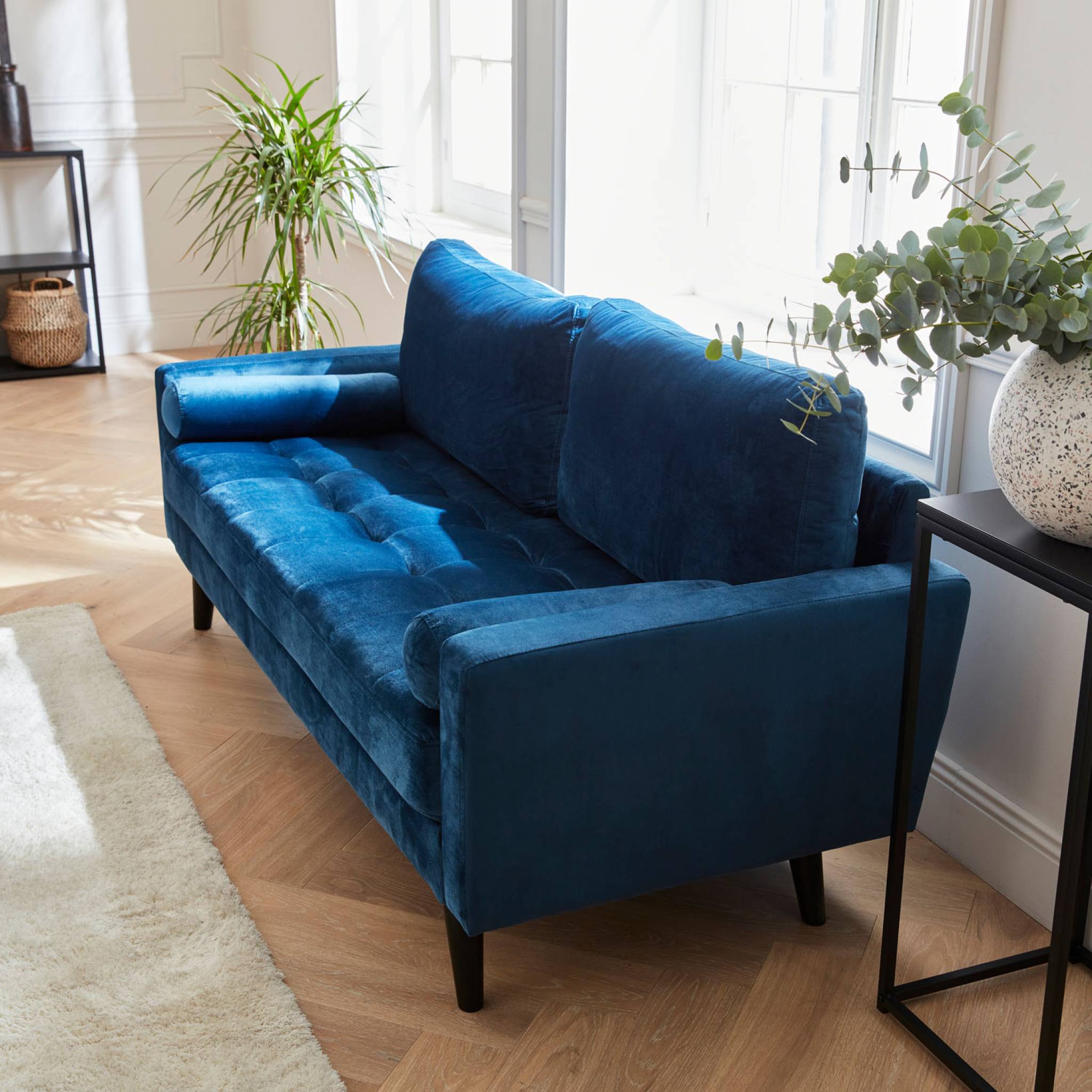 Divano a 3 posti, gambe in legno, blu navy