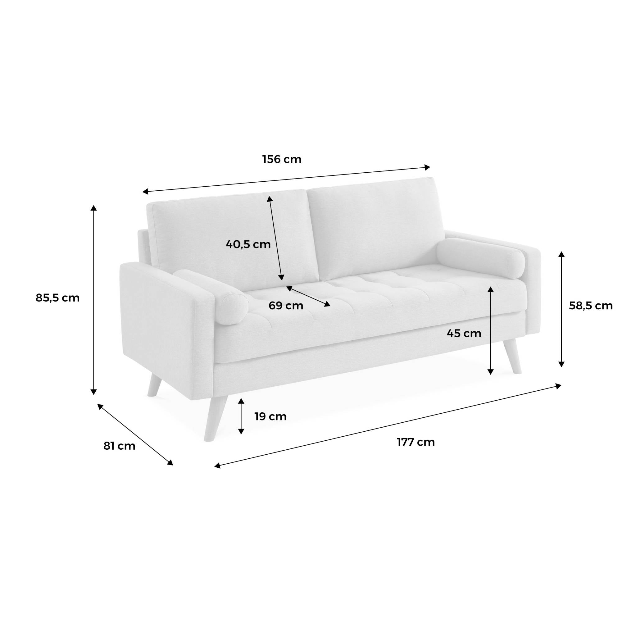 Divano a 3 posti, gambe in legno, blu navy