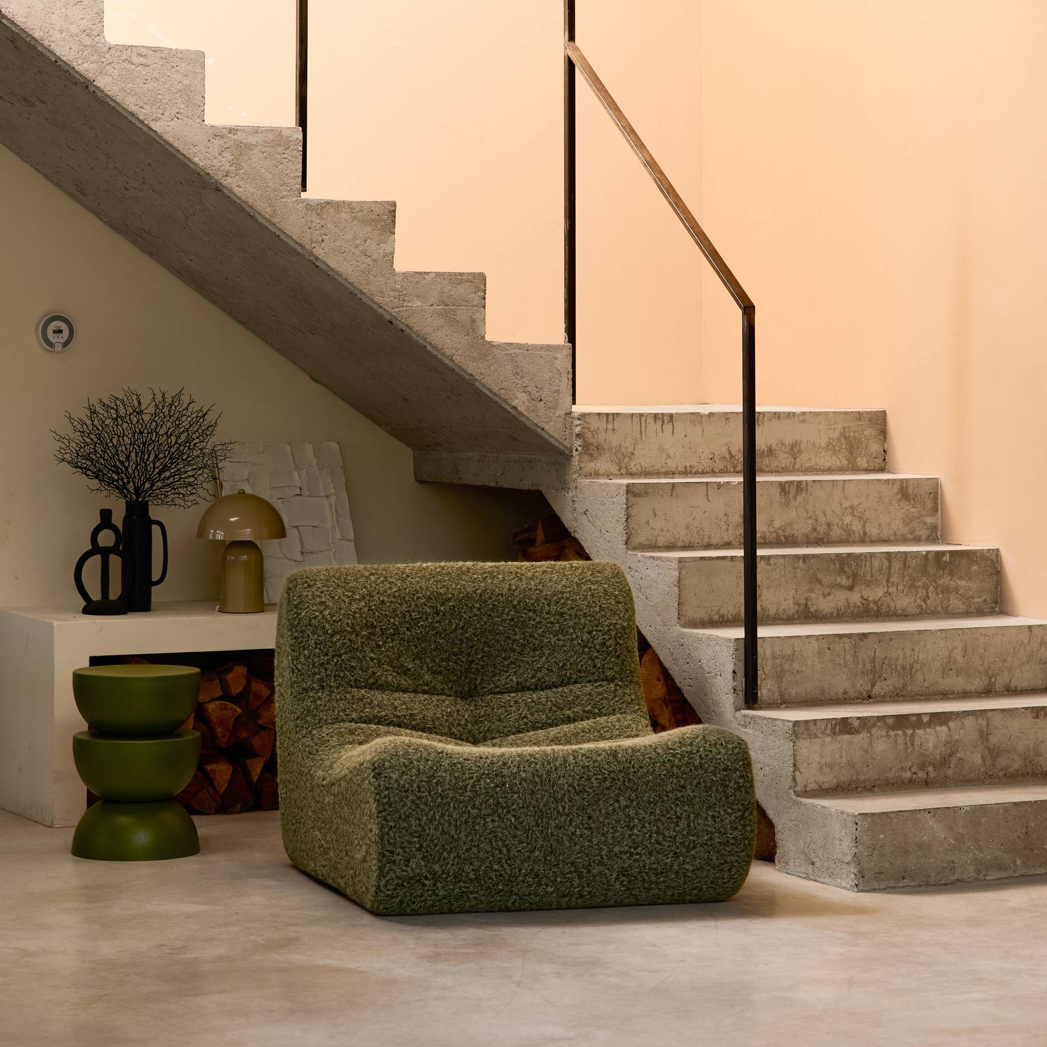 Poltrona senza braccioli tessuto effetto alpaca,1 posto, verde kaki