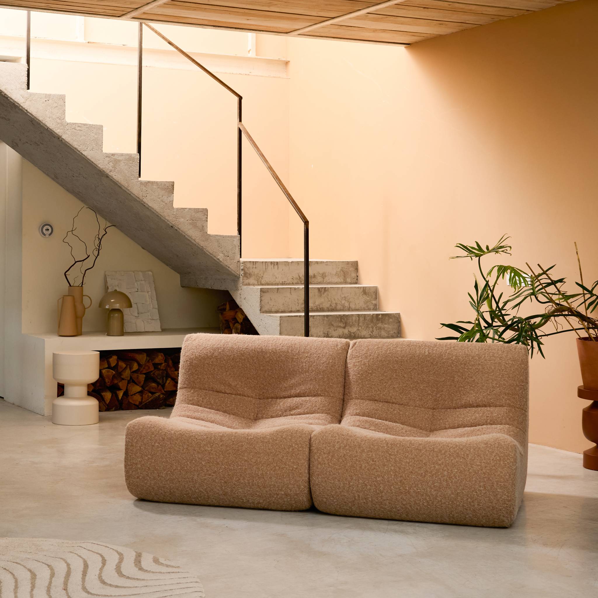 Divano modulare tessuto effetto alpaca, 2 posti, beige