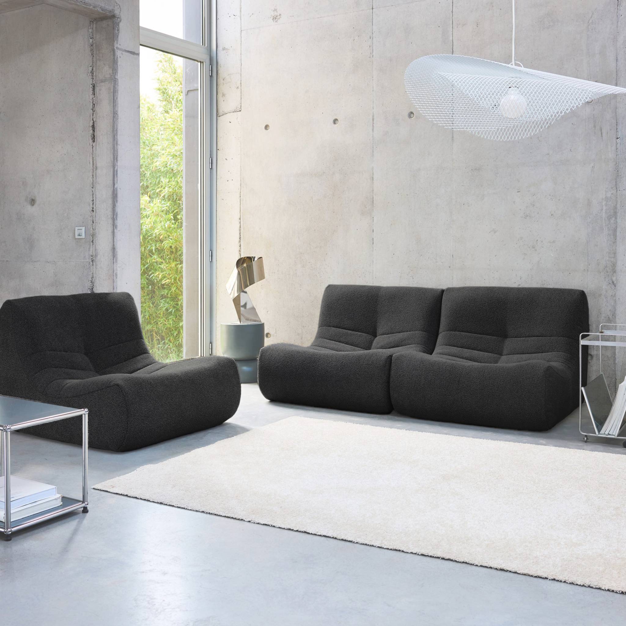 Set di 3 poltrone modulari 1 posto bouclé tessuto strutturato, nero