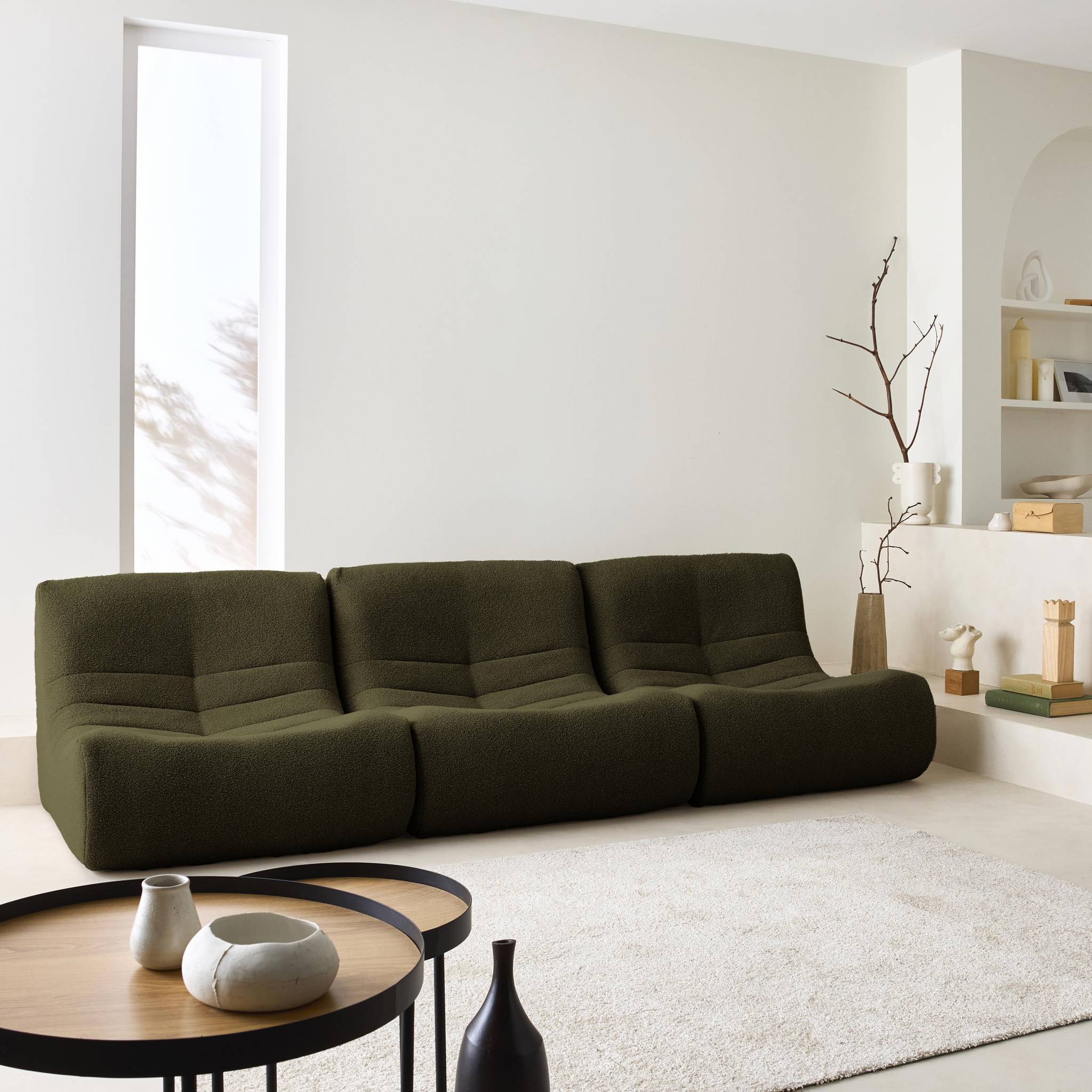 Divano modulare bouclé, 3 posti, kaki