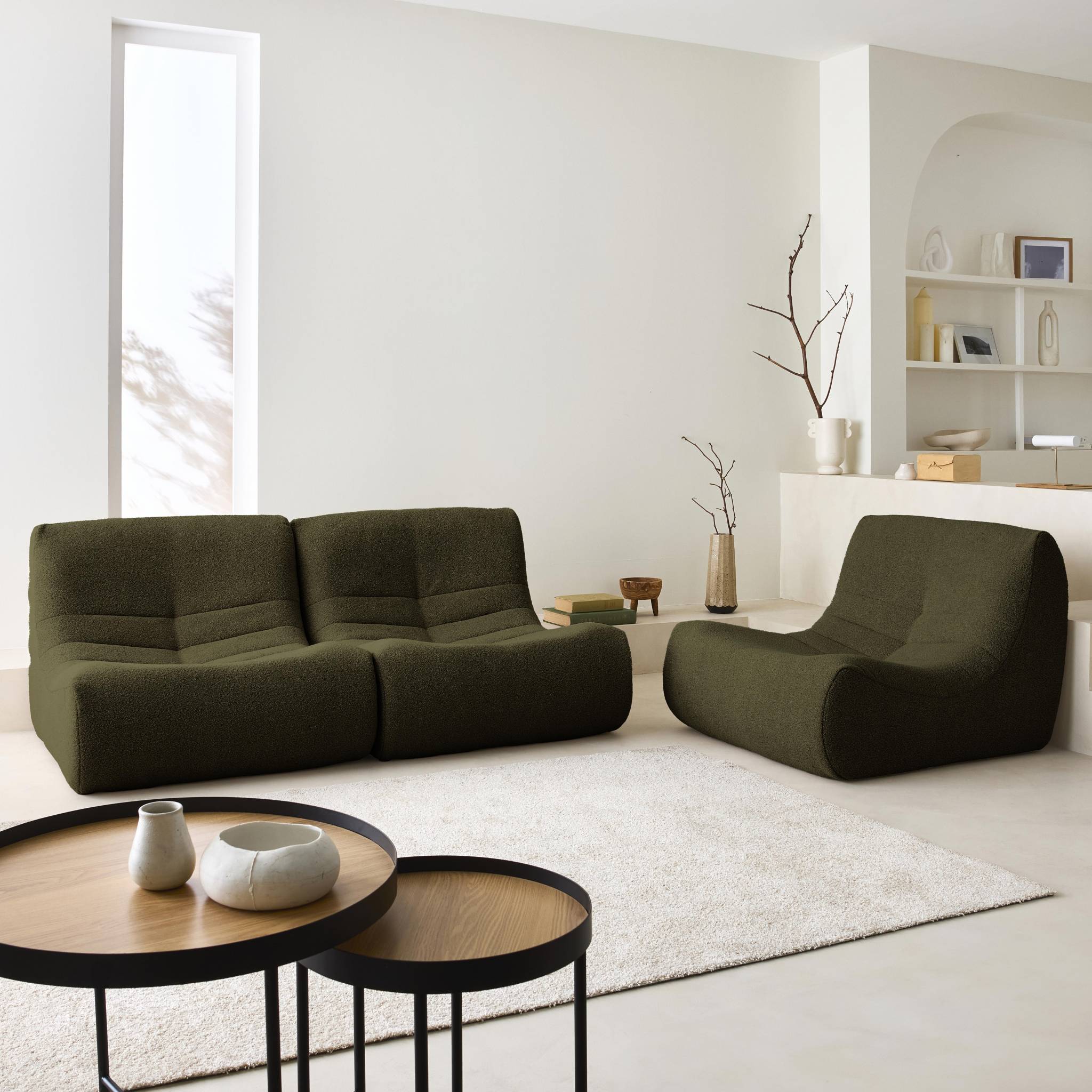 Divano modulare bouclé, 3 posti, kaki