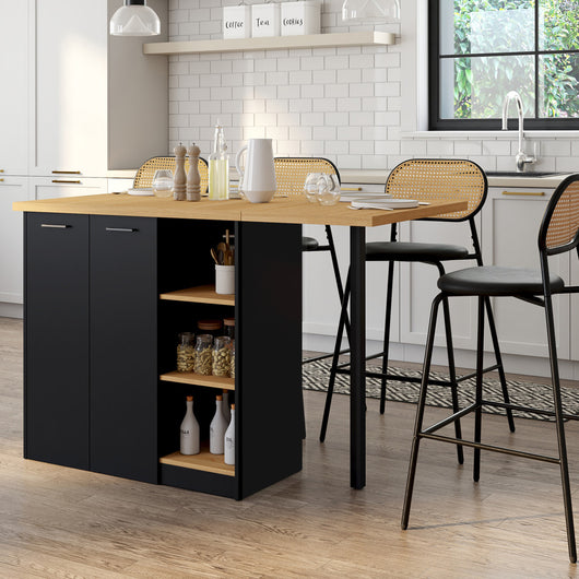 IDMarket - Isola centrale CESAR 140 cm in legno nero con piano di lavoro effetto faggio