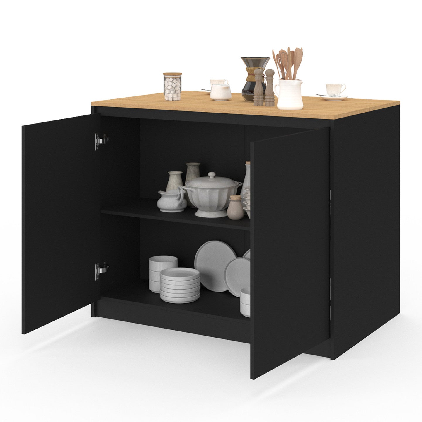 IDMarket - Isola centrale CESAR da 110 cm con ripiano estraibile rettangolare in legno nero e look faggio