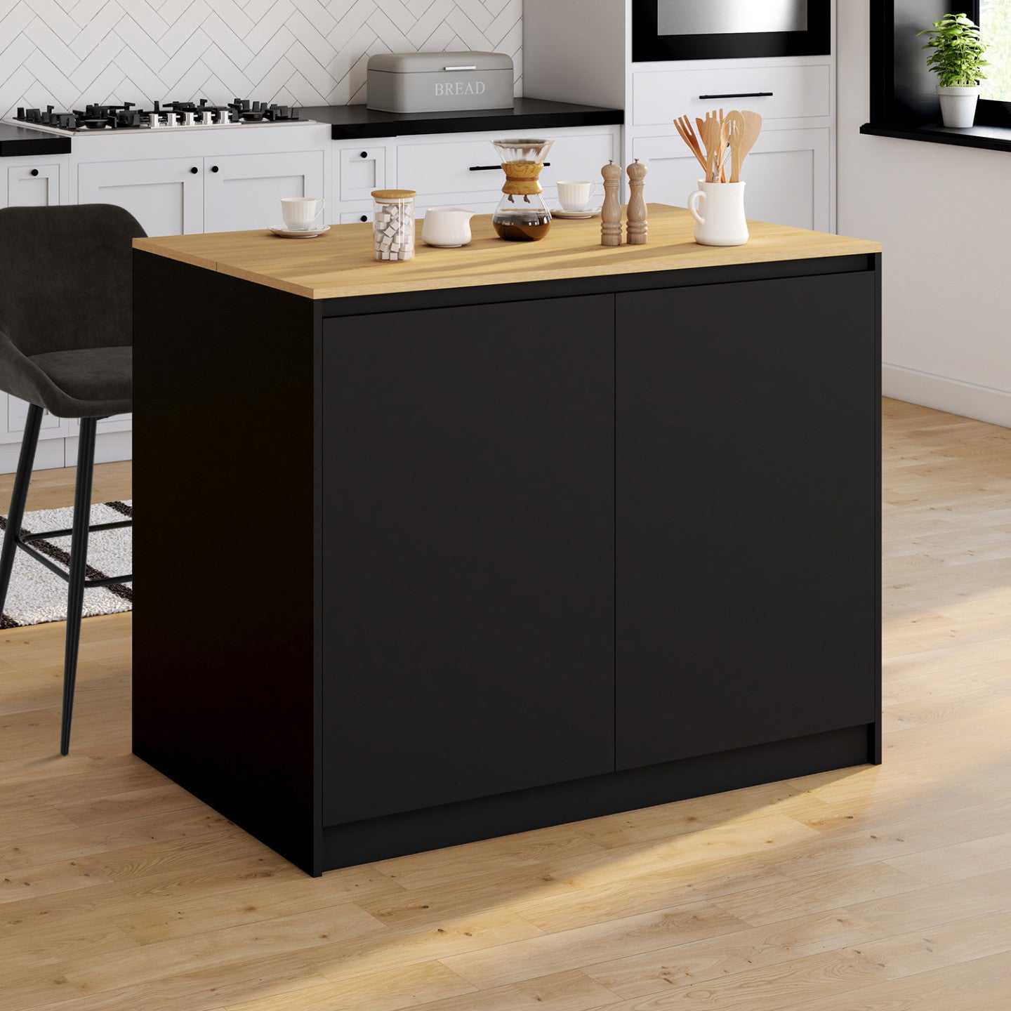 IDMarket - Isola centrale CESAR da 110 cm con ripiano estraibile rettangolare in legno nero e look faggio