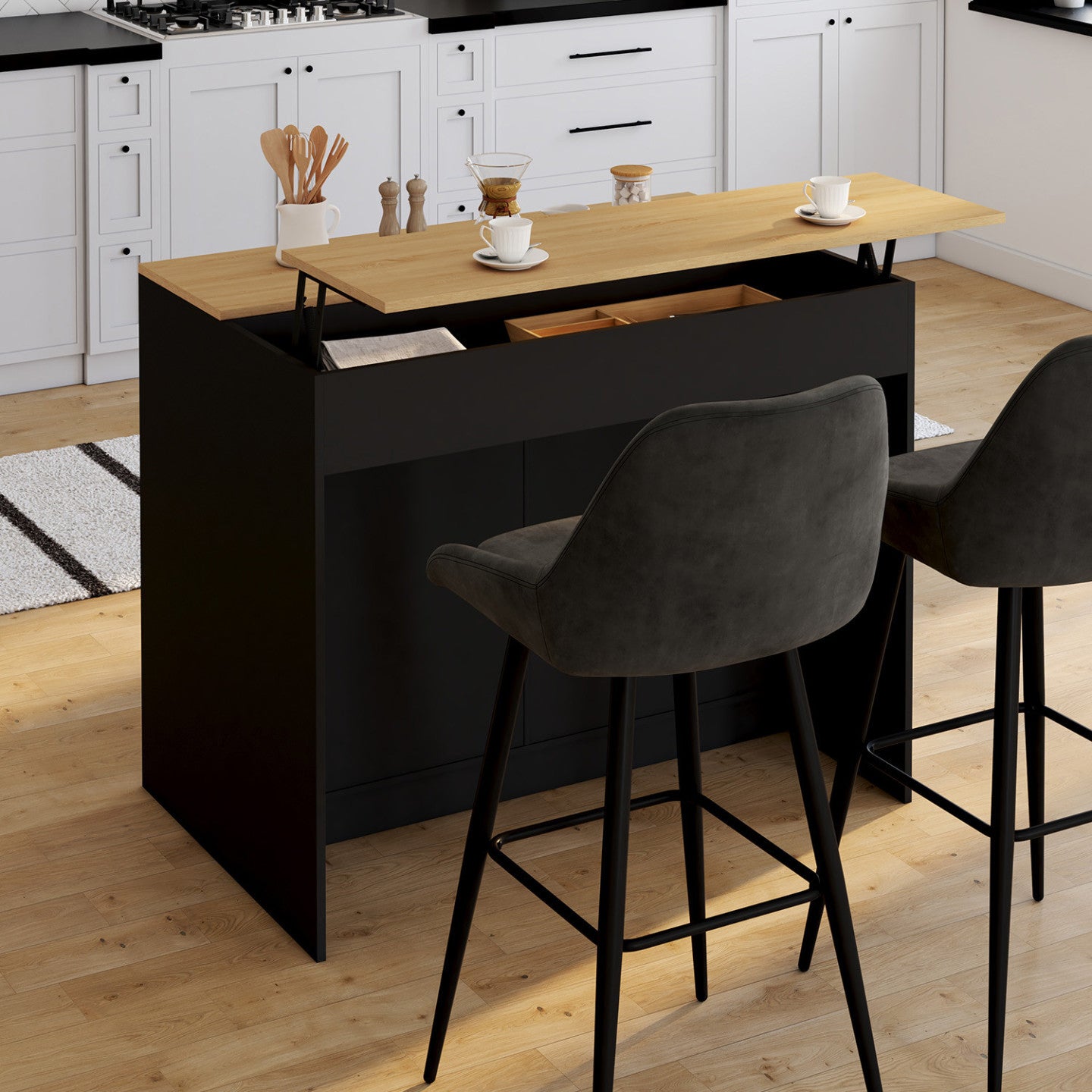 IDMarket - Isola centrale CESAR da 110 cm con ripiano estraibile rettangolare in legno nero e look faggio