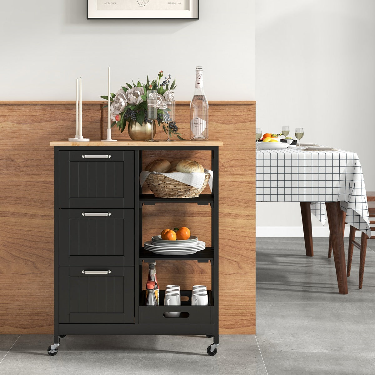 Isola cucina con ruote bloccabili piano in legno di gomma e 2 ripiani rimovibili-Carrello multiuso Nero