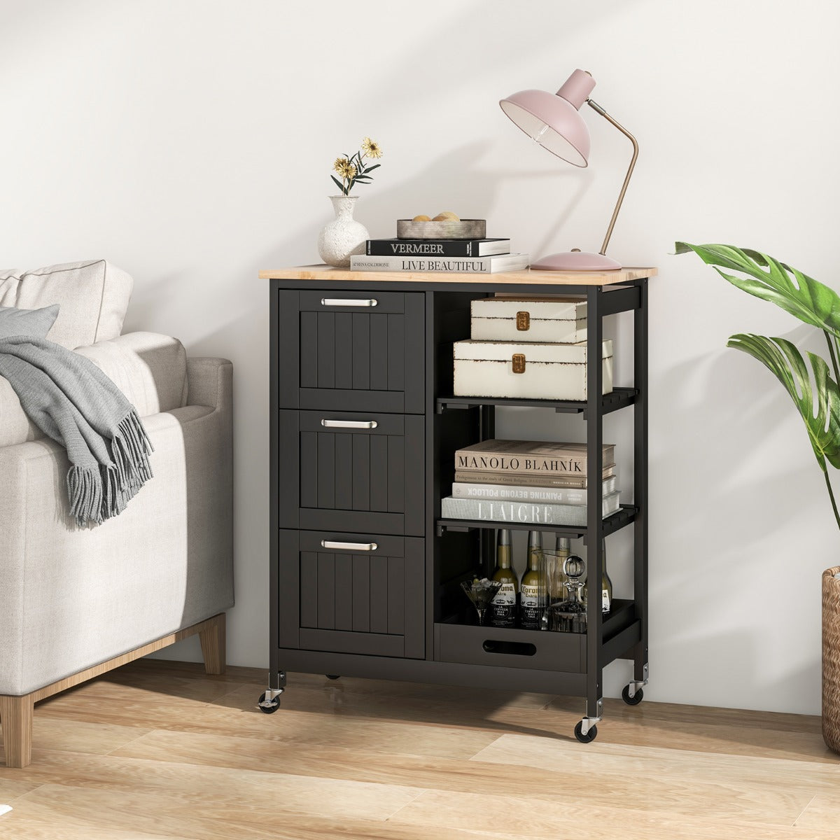 Isola cucina con ruote bloccabili piano in legno di gomma e 2 ripiani rimovibili-Carrello multiuso Nero