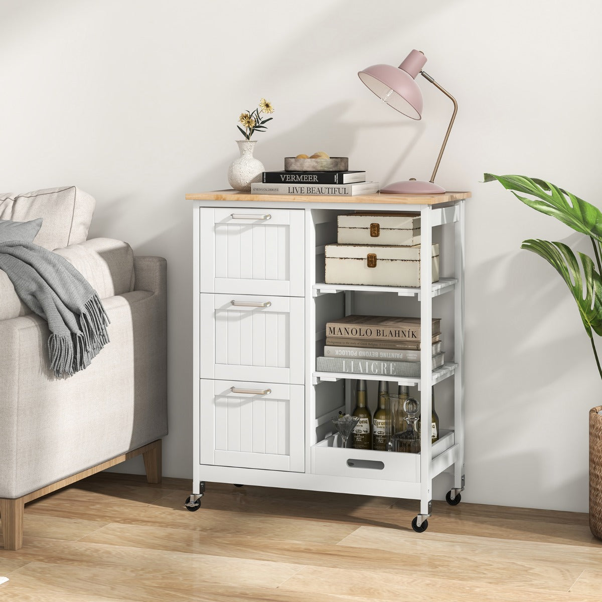 Isola cucina con ruote bloccabili piano in legno di gomma e 2 ripiani rimovibili-Carrello multiuso Bianco