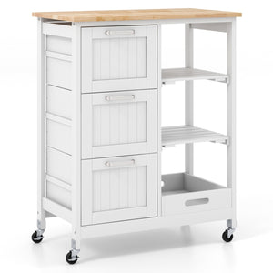 Isola cucina con ruote bloccabili piano in legno di gomma e 2 ripiani rimovibili-Carrello multiuso Bianco