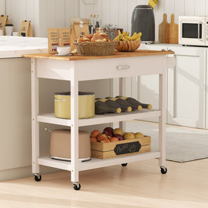 Carrello di servizio a 3 livelli con piano in legno e 2 ripiani aperti-Buffet-Armadio da cucina Isola da cucina con spazio di archiviazione Bianco