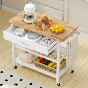 Carrello di servizio a 3 livelli con piano in legno e 2 ripiani aperti-Buffet-Armadio da cucina Isola da cucina con spazio di archiviazione Bianco