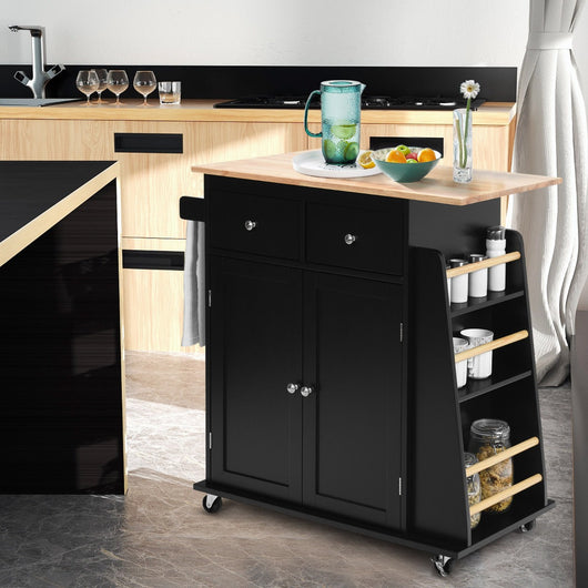 Isola da cucina con contenitore su ruote ripiano regolabile 2 cassetti portaspezie, Carello a 2 porte Nero-Carrelli