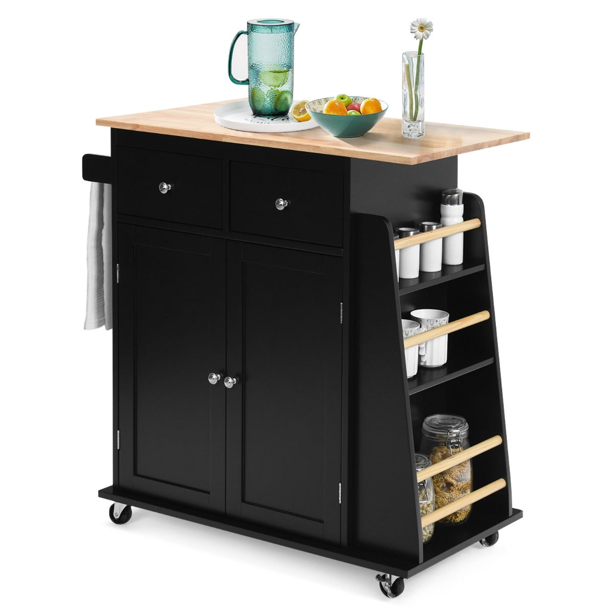 Isola da cucina con contenitore su ruote ripiano regolabile 2 cassetti portaspezie, Carello a 2 porte Nero-Carrelli