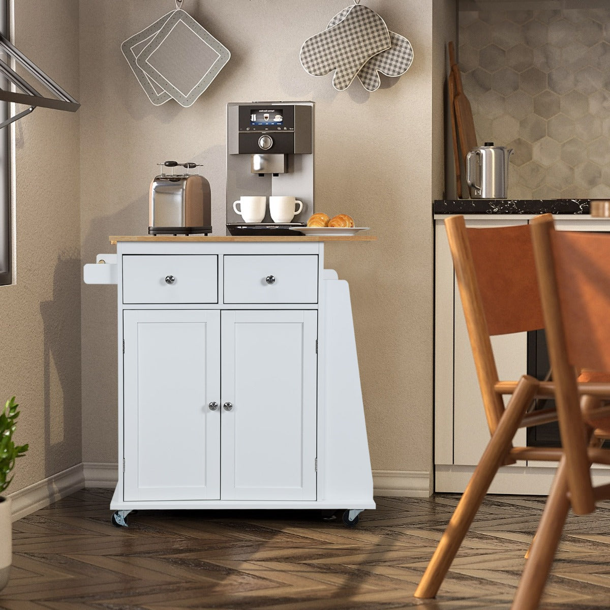 Isola da cucina con contenitore su ruote ripiano regolabile 2 cassetti portaspezie, Carello a 2 porte Bianco-Carrelli