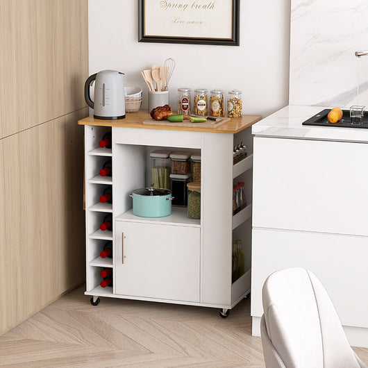 Isola da cucina con ruote e portabottiglie a 6 scomparti piano in bamb¨´, Carrello da cucina 76x44x89cm Bianco-Carrelli