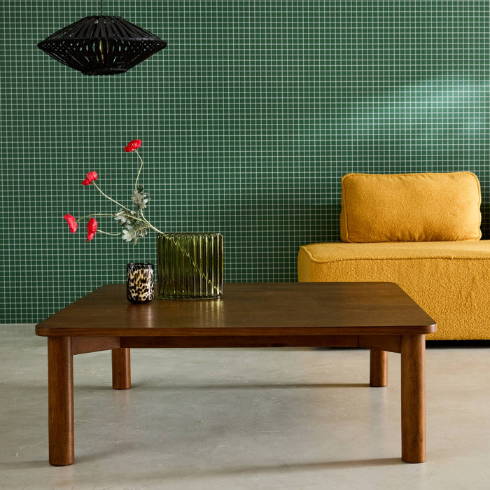 Tavolino quadrato in legno di hevea impiallacciato in quercia, marrone