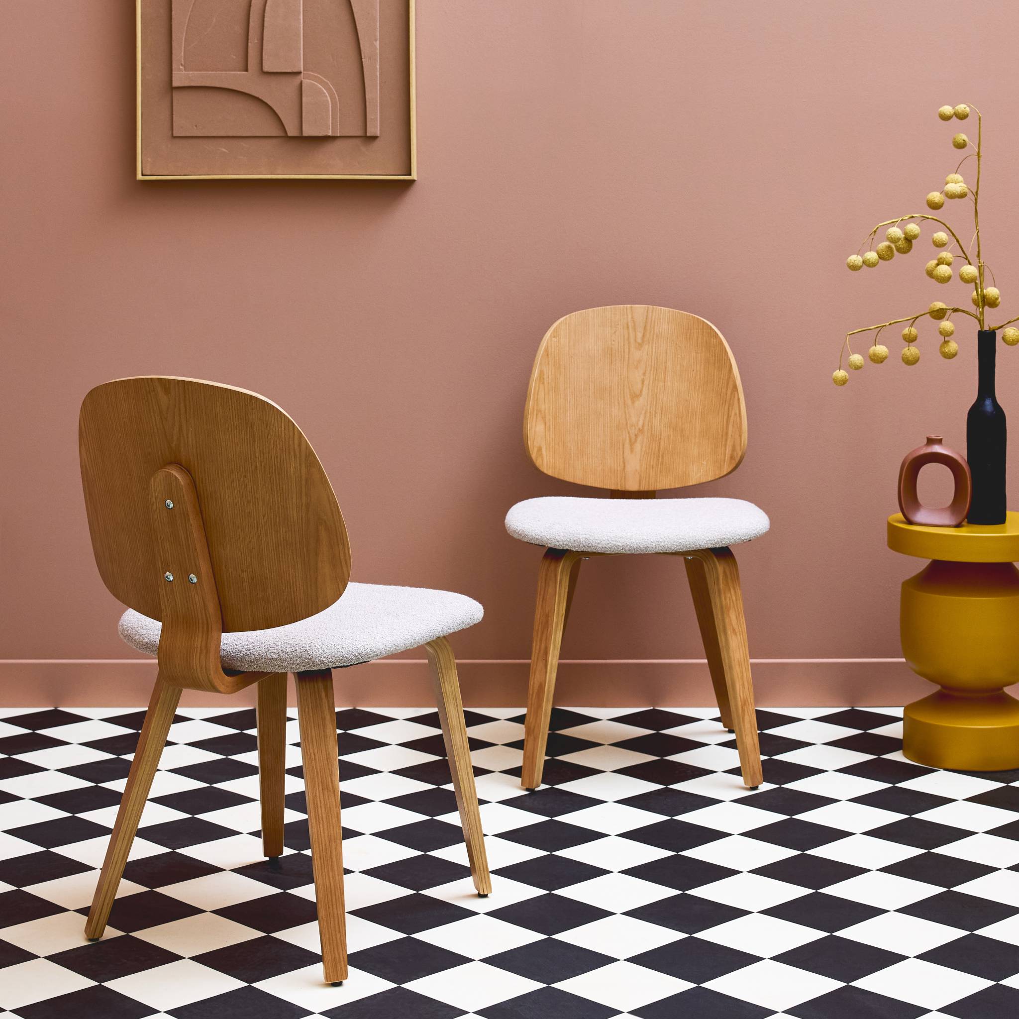 Sedia in legno curvato e bouclé, set di 2, grigio chiaro