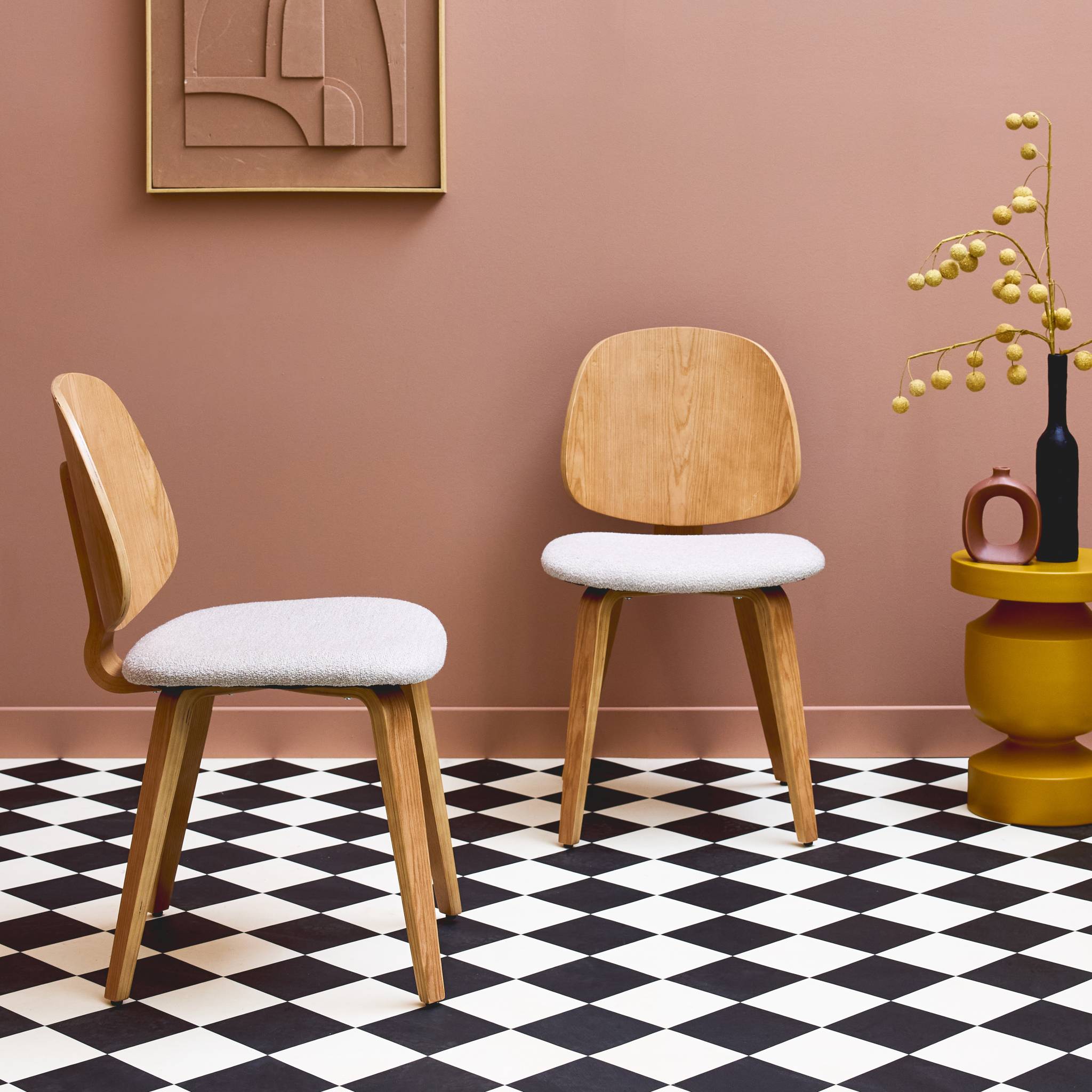 Sedia in legno curvato e bouclé, set di 2, grigio chiaro